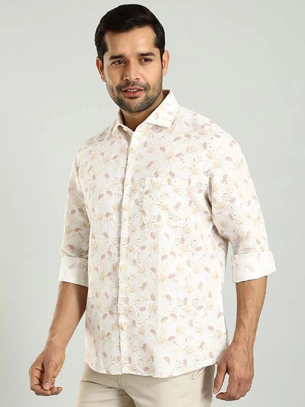 Indian Terrain Men's Slim Fit Full Sleeve All Over Print Off White Shirt